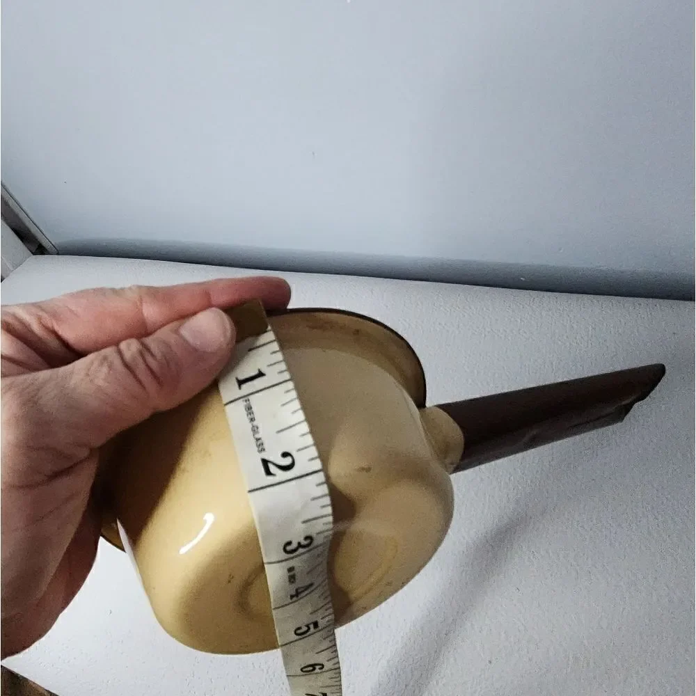 Vintage Little Saucepan Enamelware Tan with Brown Trim & Handle 5